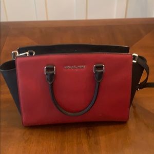 Michael kors red and black top zip satchel bag